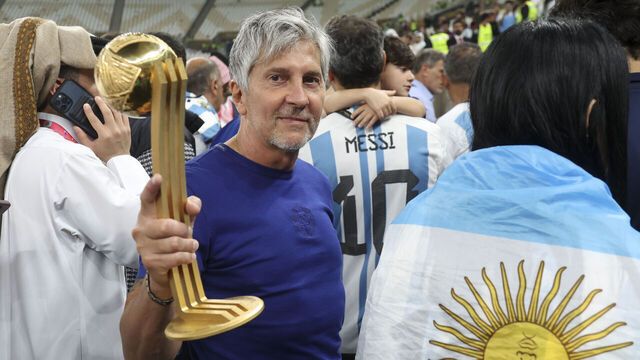 LUSAIL CITY, QATAR - DECEMBER 18: Jorge Messi, father and agent of Lionel Messi - holding his son's trophy of 'Best player of the World Cup - following the FIFA World Cup Qatar 2022 Final match between Argentina and France at Lusail Stadium on December 18, 2022 in Lusail City, Qatar.