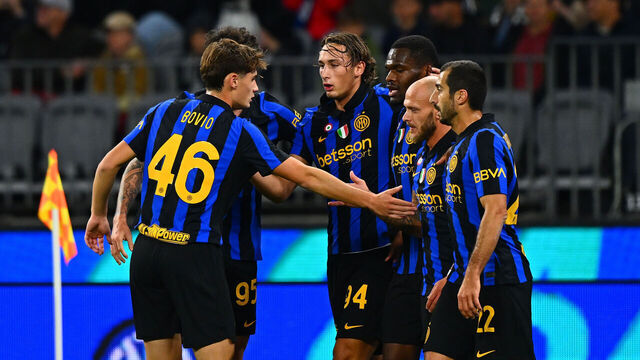 PERTH, AUSTRALIA - AUGUST 08: Federico Dimarco of FC Internazionale celebrates with tem-mates after scoring the goal during the match between Juventus and FC Internazionale at Optus Stadium on August 08, 2026 in Perth, Australia.