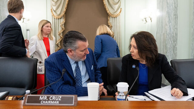 UNITED STATES - JUNE 18: Chairman Sen. Ted Cruz, R-Texas, and ranking member Sen. Maria Cantwell , D-Wash., talk before the start of the Senate Commerce, Science and Transportation Committee markup of the "Protect College Sports Act of 2026" in the Russell Senate Office Building on Thursday, June 18, 2026. (Bill Clark/CQ-Roll Call, Inc via Getty Images)