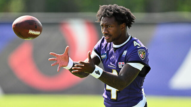 OWINGS MILLS, MARYLAND - JULY 29: Zay Flowers #4 of the Baltimore Ravens participates in a drill on the first day of training camp at Under Armour Performance Center Baltimore Ravens on July 29, 2026 in Owings Mills, Maryland.