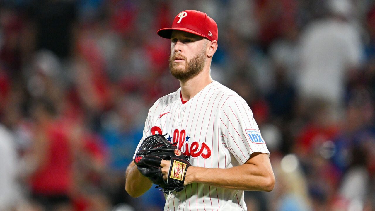 PHILADELPHIA, PA - AUGUST 07: Philadelphia Phillies pitcher Zack Wheeler #45 reacts during the game between the Philadelphia Phillies and the Toronto Blue Jays on August 7th, 2026 at Citizens Bank Park in Philadelphia, PA.