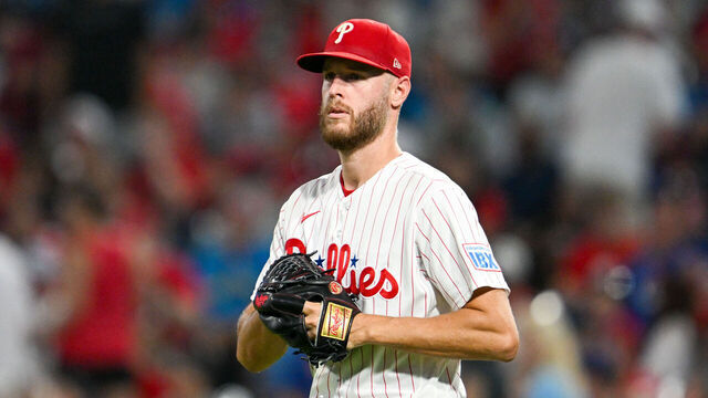 PHILADELPHIA, PA - AUGUST 07: Philadelphia Phillies pitcher Zack Wheeler #45 reacts during the game between the Philadelphia Phillies and the Toronto Blue Jays on August 7th, 2026 at Citizens Bank Park in Philadelphia, PA.