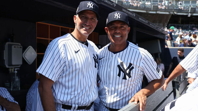 NEW YORK, NY - AUGUST 09: Andy Pettitte and Mariano Rivera pose for a photo during the New York Yankees Old Timers' Day prior to the game the game against the Houston Astros at Yankee Stadium on August 9, 2025 in New York, New York.
