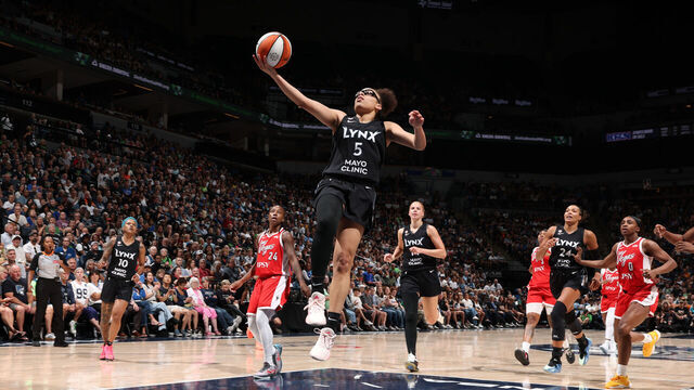 MINNEAPOLIS, MN - AUG 8: Olivia Miles #5 of the Minnesota Lynx drives to the basket during the game against the Las Vegas Aces on August 8, 2026 at Target Center in Minneapolis, Minnesota. Mandatory Copyright Notice: Copyright 2026 NBAE