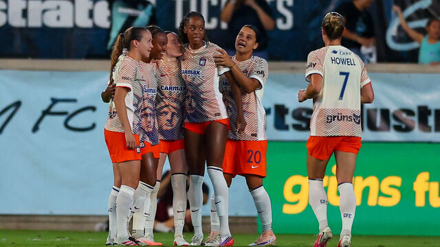 HARRISON, NJ - AUGUST 07: Jaedyn Shaw #10 of the Gotham FC celebrates with teammates after scoring during the first half of the NWSL game against San Diego Wave FC on August 7, 2026 at Sports Illustrated Stadium in Harrison, New Jersey.