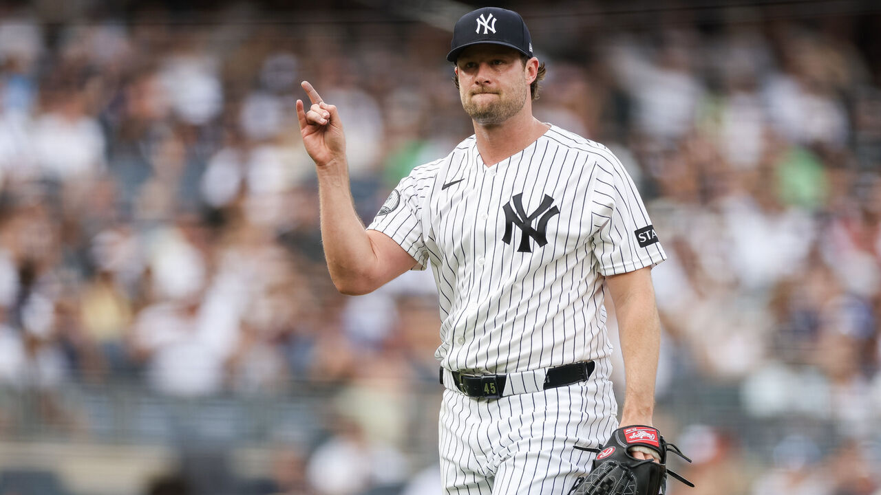 NEW YORK, NEW YORK - AUGUST 08: Gerrit Cole #45 of the New York Yankees reacts during the game against the Atlanta Braves at Yankee Stadium on August 08, 2026 in the Bronx borough of New York City.