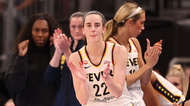 CHICAGO, ILLINOIS - AUGUST 08: Caitlin Clark #22 of the Indiana Fever reacts against the Chicago Sky during the second half at United Center on August 08, 2026 in Chicago, Illinois.