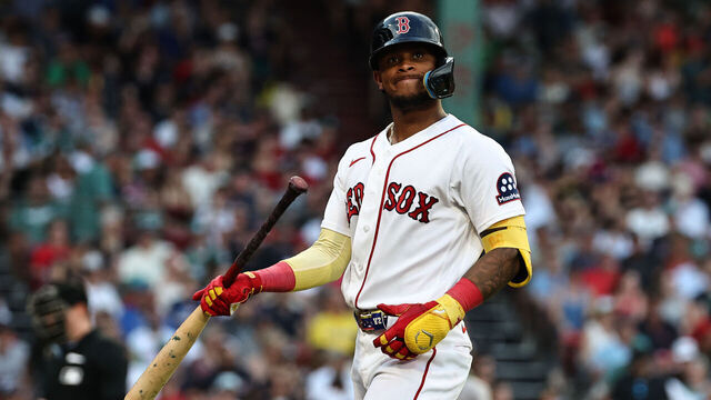 BOSTON, MA - AUGUST 8: Ceddanne Rafaela #3 of the Boston Red Sox walks back to the dugout after flying out during the seventh inning at Fenway Park on August 8, 2026 in Boston, Massachusetts.