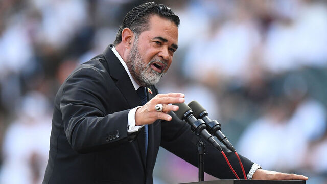 CHICAGO, ILLINOIS - AUGUST 8: Ozzie Guillen speaks at his jersey number retirement ceremony at Rate Field before a game between the Chicago White Sox and the Cleveland Guardians on August 8, 2026 in Chicago, Illinois.