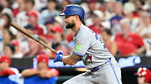 PHILADELPHIA, PA - AUGUST 07: Toronto Blue Jays right fielder Nathan Lukes #38 hits the ball during the game between the Philadelphia Phillies and the Toronto Blue Jays on August 7th, 2026 at Citizens Bank Park in Philadelphia, PA.