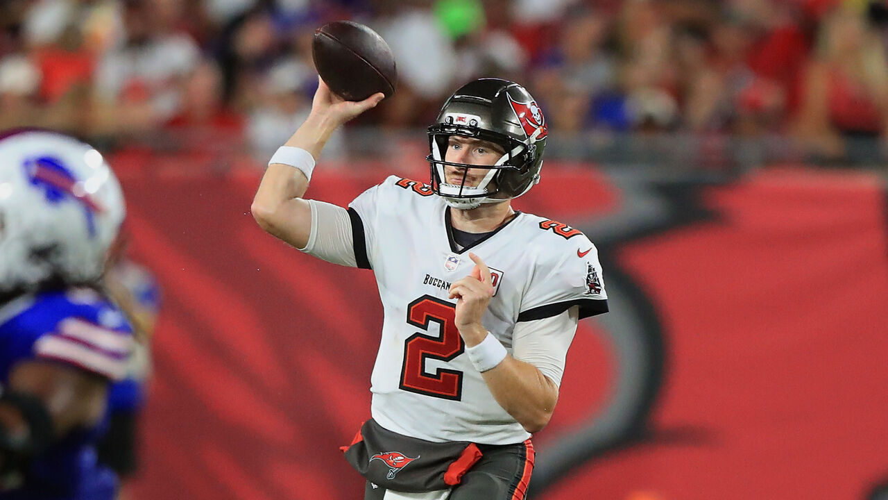 TAMPA, FL - AUGUST 23: Tampa Bay Buccaneers Quarterback Kyle Trask (2) throws a pass during the Preseason game between the Buffalo Bills and the Tampa Bay Buccaneers on August 23, 2025 at Raymond James Stadium in Tampa, Florida.