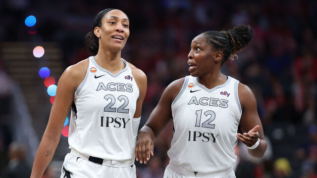 INDIANAPOLIS, INDIANA - AUGUST 06: A'ja Wilson #22 and Chelsea Gray #12 of the Las Vegas Aces celebrate against the Indiana Fever at Gainbridge Fieldhouse on August 06, 2026 in Indianapolis, Indiana. The Aces won 86-84 OT. NOTE TO USER: User expressly acknowledges and agrees that, by downloading and or using this photograph, User is consenting to the terms and conditions of the Getty Images License