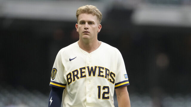 MILWAUKEE, WISCONSIN - AUGUST 04: Cooper Pratt #12 of the Milwaukee Brewers looks on against the Pittsburgh Pirates in the second inning at American Family Field on August 04, 2026 in Milwaukee, Wisconsin.