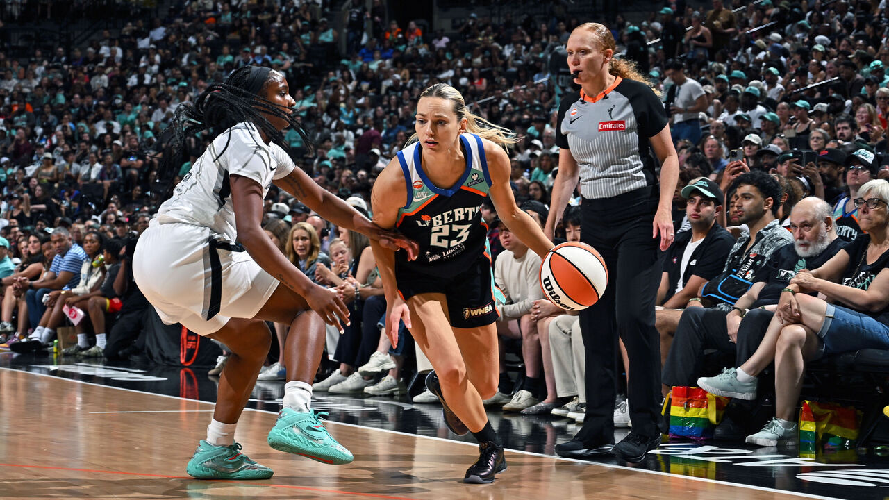 BROOKLYN, NY - AUGUST 8: Marine Johannes #23 of the New York Liberty dribbles the ball during the game against the Las Vegas Aces on August 8, 2026 at Barclays Center Arena in Brooklyn, New York. Mandatory Copyright Notice: Copyright 2026 NBAE