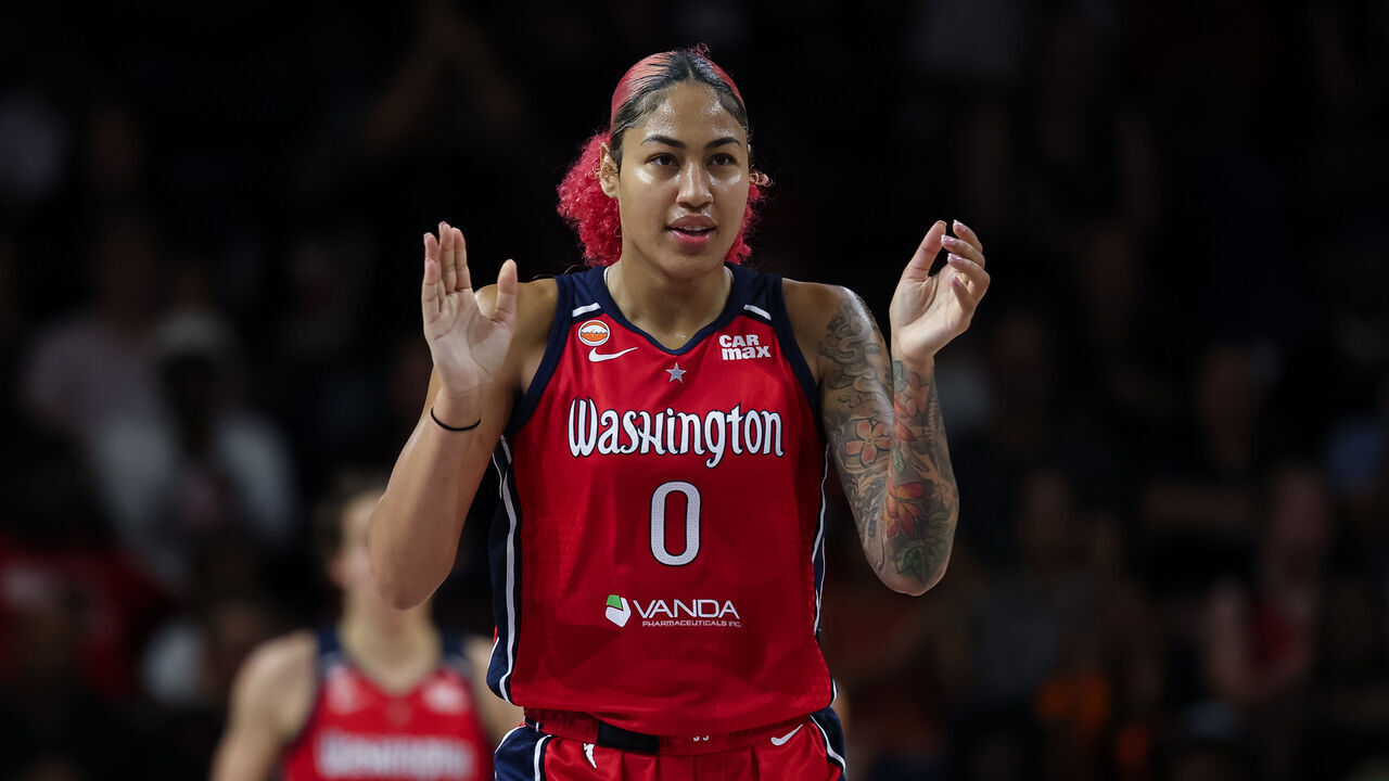 WASHINGTON, DC - AUGUST 09: Shakira Austin #0 of the Washington Mystics celebrates after a play against the Phoenix Mercury during the first half of the game at CareFirst Arena on August 9, 2026 in Washington, DC.
