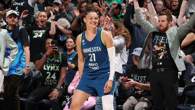 MINNEAPOLIS, MN - AUGUST 9: Kayla McBride #21 of the Minnesota Lynx celebrates she scores her tenth three point basket to break the WNBA Record for most three pointers made in a game during the game against the Dallas Wings on August 9, 2026 at Target Center in Minneapolis, Minnesota. Mandatory Copyright Notice: Copyright 2026 NBAE