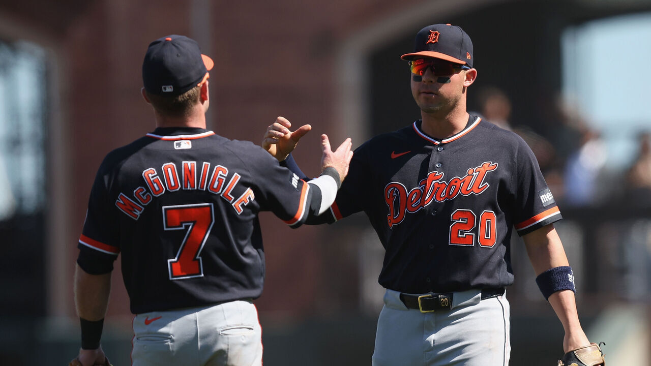 SAN FRANCISCO, CALIFORNIA - AUGUST 09: Kevin McGonigle #7 and Spencer Torkelson #20 of the Detroit Tigers celebrate after a win against the San Francisco Giants at Oracle Park on August 09, 2026 in San Francisco, California.