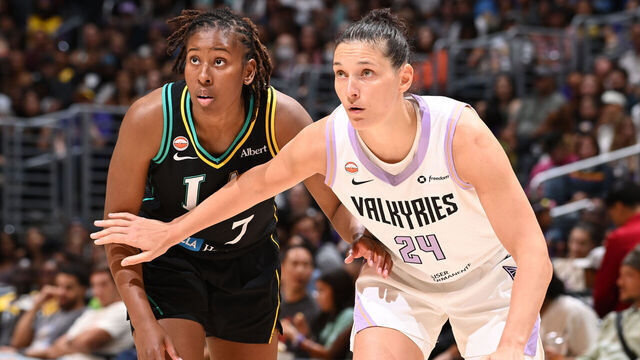 LOS ANGELES, CA - AUGUST 9: Ceceilia Zandalasini #24 of the Golden State Valkyries & Ariel Atkins #7 of the Los Angeles Sparks battle during the game on August 9, 2026 at Crypto.com Arena in Los Angeles, California. NOTE TO USER: User expressly acknowledges and agrees that, by downloading and/or using this Photograph, user is consenting to the terms and conditions of the Getty Images License Agreement. Mandatory Copyright Notice: Copyright 2026 NBAE