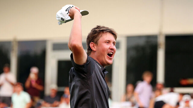 OMAHA, NEBRASKA - AUGUST 09: Frankie Harris of the United States celebrates his win after a second playoff on the 18th hole during the final round of the Pinnacle Bank Championship presented by Woodhouse 2026 at The Club at Indian Creek on August 09, 2026 in Omaha, Nebraska.