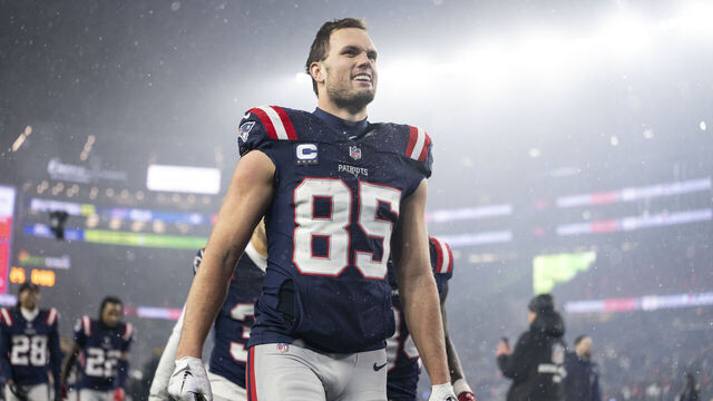 FOXBOROUGH, MASSACHUSETTS - JANUARY 18: Hunter Henry #85 of the New England Patriots reacts as he walks off the field following an NFC Divisional Playoff game against the Houston Texans at Gillette Stadium on January 18, 2026 in Foxborough, Massachusetts.