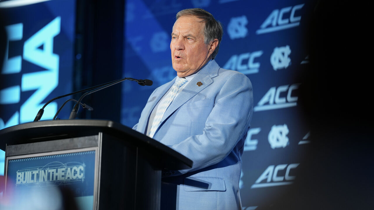 CHARLOTTE, NORTH CAROLINA - JULY 17: Head coach Bill Belichick of the North Carolina Tar Heels speaks during the ACC Kickoff media days at Hilton Charlotte Uptown on July 17, 2026 in Charlotte, North Carolina.