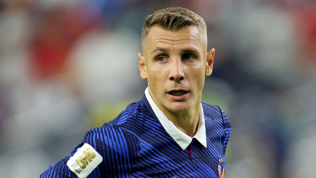 ARLINGTON, TEXAS - JULY 14: Lucas Digne of France in action during the FIFA World Cup 2026 Semi Final match between France and Spain at Dallas Stadium on July 14, 2026 in Arlington, Texas.