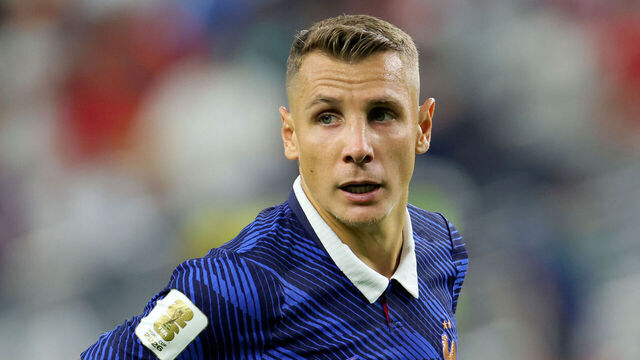 ARLINGTON, TEXAS - JULY 14: Lucas Digne of France in action during the FIFA World Cup 2026 Semi Final match between France and Spain at Dallas Stadium on July 14, 2026 in Arlington, Texas.