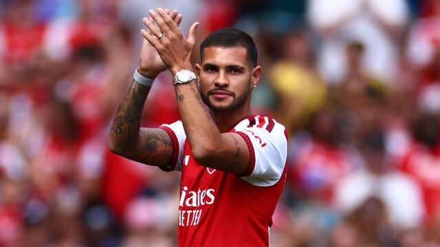 LONDON, ENGLAND - AUGUST 9: Bruno Guimaraes of Arsenal is presented to the fans prior to the during the pre-season friendly match between Arsenal FC and Borussia Dortmund at Emirates Stadium on August 9, 2026 in London, England.