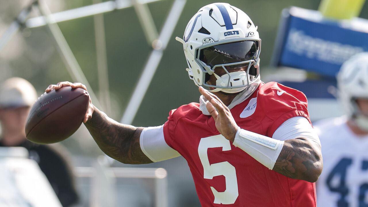 WESTFIELD, INDIANA - JULY 29: Anthony Richardson Sr. #5 of the Indianapolis Colts participates in training camp at Grand Park Sports Campus on July 29, 2026 in Westfield, Indiana.