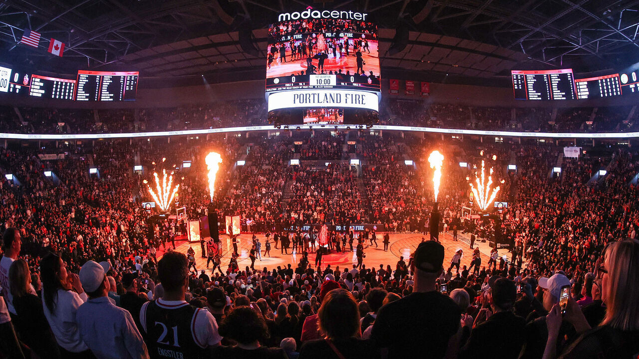 PORTLAND, OREGON - MAY 09: Fans watch Portland Fire player introductions against the Chicago Sky at Moda Center on May 09, 2026 in Portland, Oregon.