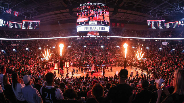 PORTLAND, OREGON - MAY 09: Fans watch Portland Fire player introductions against the Chicago Sky at Moda Center on May 09, 2026 in Portland, Oregon.