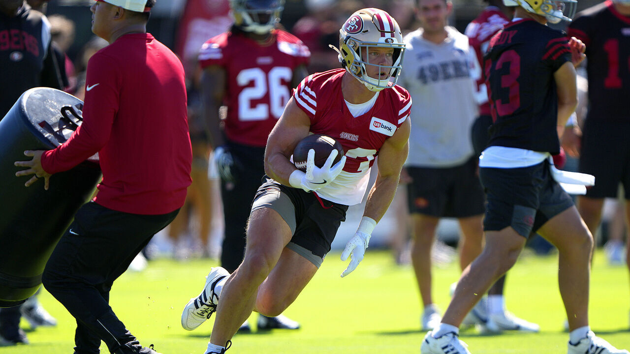 SANTA CLARA, CALIFORNIA - JULY 27: Christian McCaffrey #23 of the San Francisco 49ers works out during training camp practice at SAP Performance Facility on July 27, 2026 in Santa Clara, California.