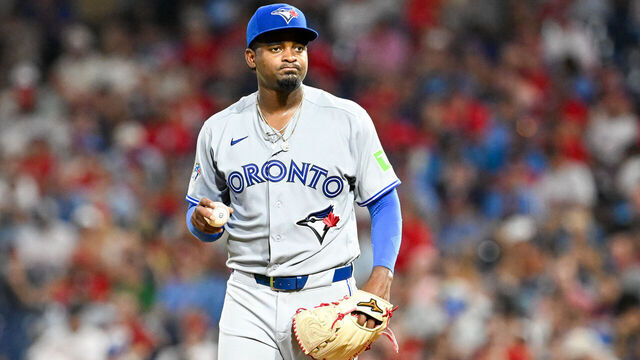 PHILADELPHIA, PA - AUGUST 07: Toronto Blue Jays pitcher Jose Soriano #40 reacts during the game between the Philadelphia Phillies and the Toronto Blue Jays on August 7th, 2026 at Citizens Bank Park in Philadelphia, PA.