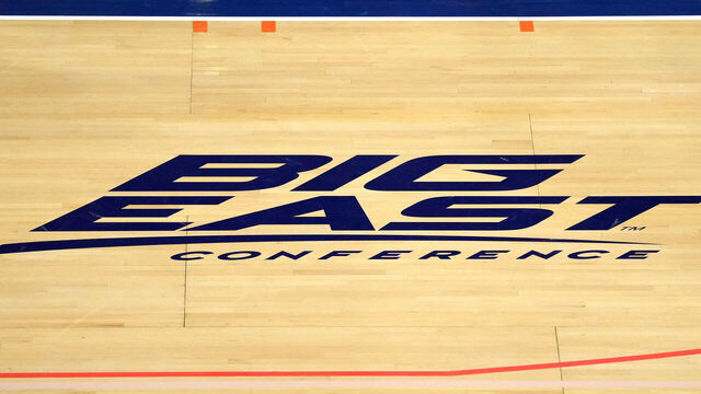 NEW YORK, NEW YORK - FEBRUARY 06: A detailed view of the Big East Conference logo on the floor before a college basketball game between the St. John's Red Storm and the Connecticut Huskies at Madison Square Garden on February 06, 2026 in New York City.