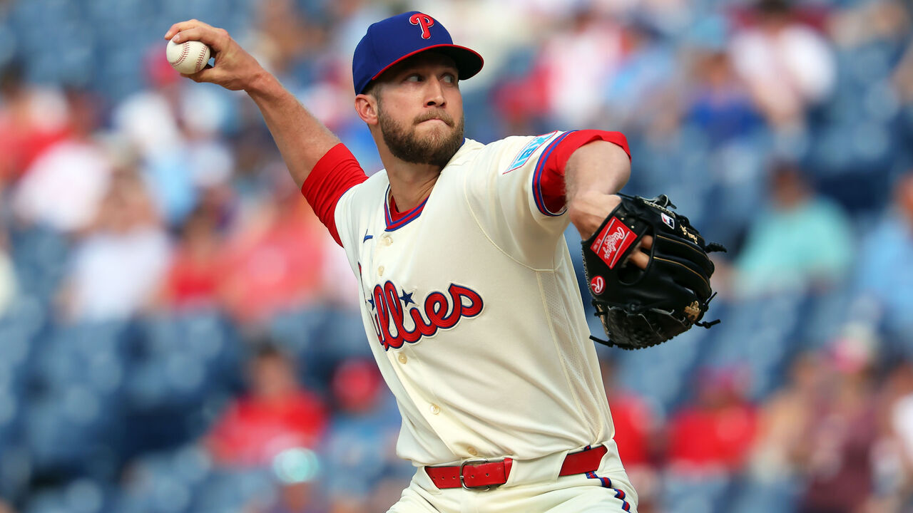 PHILADELPHIA, PENNSYLVANIA - AUGUST 9: Caleb Kilian #56 of the Philadelphia Phillies throws a pitch in the 12th inning during the game against the Toronto Blue Jays at Citizens Bank Park on August 9, 2026 in Philadelphia, Pennsylvania. The Phillies won 7-6 in 12 innings.