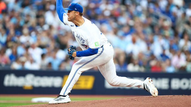 TORONTO, CANADA - AUGUST 10: Jameson Taillon #56 of the Toronto Blue Jays pitches in the first inning of their MLB game against the Boston Red Sox at Rogers Centre on August 10, 2026 in Toronto, Ontario, Canada.