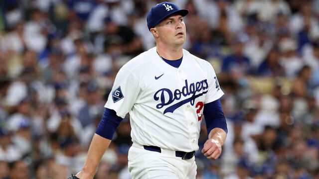 LOS ANGELES, CALIFORNIA - AUGUST 10: Tarik Skubal #29 of the Los Angeles Dodgers reacts to the third out of the second inning against the Kansas City Royals at Dodger Stadium on August 10, 2026 in Los Angeles, California.