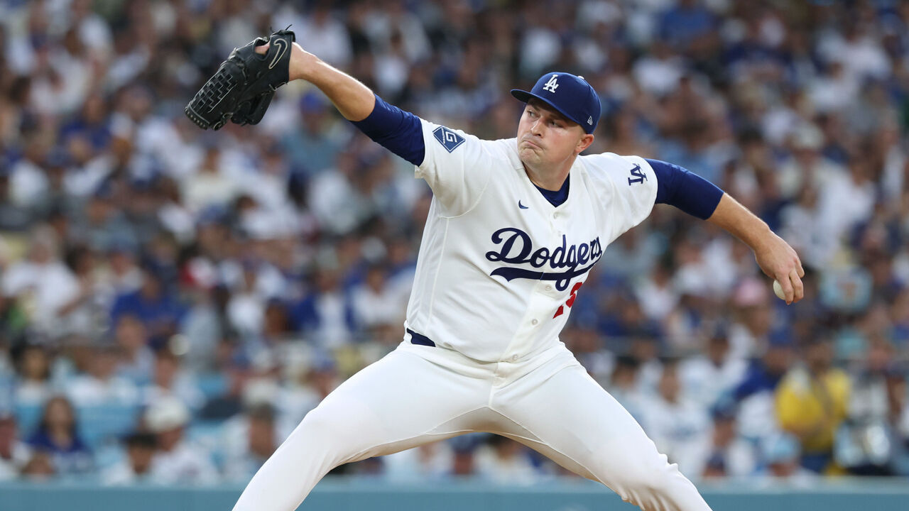 LOS ANGELES, CALIFORNIA - AUGUST 10: Tarik Skubal #29 of the Los Angeles Dodgers pitches against the Kansas City Royals making his Dodger Stadium debut during the second inning at Dodger Stadium on August 10, 2026 in Los Angeles, California.