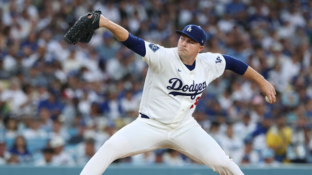 LOS ANGELES, CALIFORNIA - AUGUST 10: Tarik Skubal #29 of the Los Angeles Dodgers pitches against the Kansas City Royals making his Dodger Stadium debut during the second inning at Dodger Stadium on August 10, 2026 in Los Angeles, California.