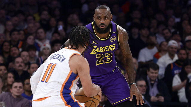 NEW YORK, NEW YORK - FEBRUARY 01: (NEW YORK DAILIES OUT) LeBron James #23 of the Los Angeles Lakers in action against Jalen Brunson #11 of the New York Knicks at Madison Square Garden on February 01, 2025 in New York City. The Lakers defeated the Knicks 128-112.