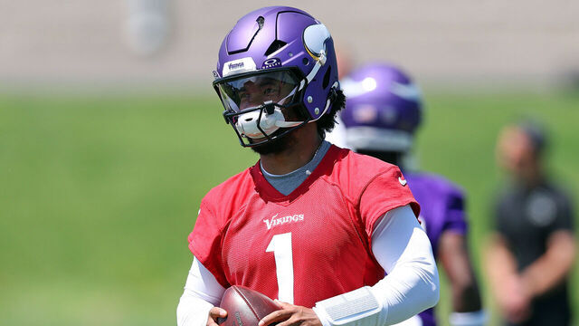 EAGAN, MINNESOTA - MAY 27: Kyler Murray #1 of the Minnesota Vikings participates in a drill during an OTA workout at Twin Cities Orthopedics Performance Center on May 27, 2026 in Eagan, Minnesota.