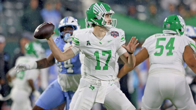 NEW ORLEANS, LOUISIANA - DECEMBER 5: Quarterback Drew Mestemaker #17 of the North Texas Mean Green throws in the second quarter against the Tulane Green Wave during the 2025 American Conference Football Championship at Yulman Stadium on December 5, 2025 in New Orleans, Louisiana.
