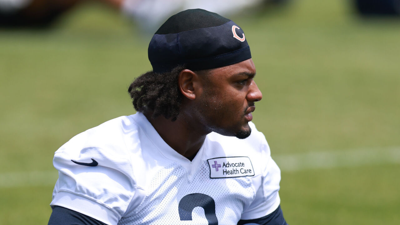 LAKE FOREST, ILLINOIS - JUNE 3: Coby Bryant #2 of the Chicago Bears stretches during a Chicago Bears OTA Offseason Workout at Halas Hall on June 3, 2026 in Lake Forest, Illinois.