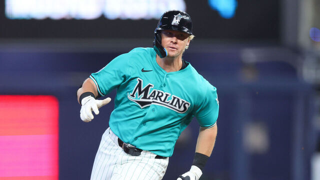 MIAMI, FLORIDA - AUGUST 09: Kyle Stowers #28 of the Miami Marlins rounds second base against the Los Angeles Angels in the first inning of the game at loanDepot park on August 09, 2026 in Miami, Florida.