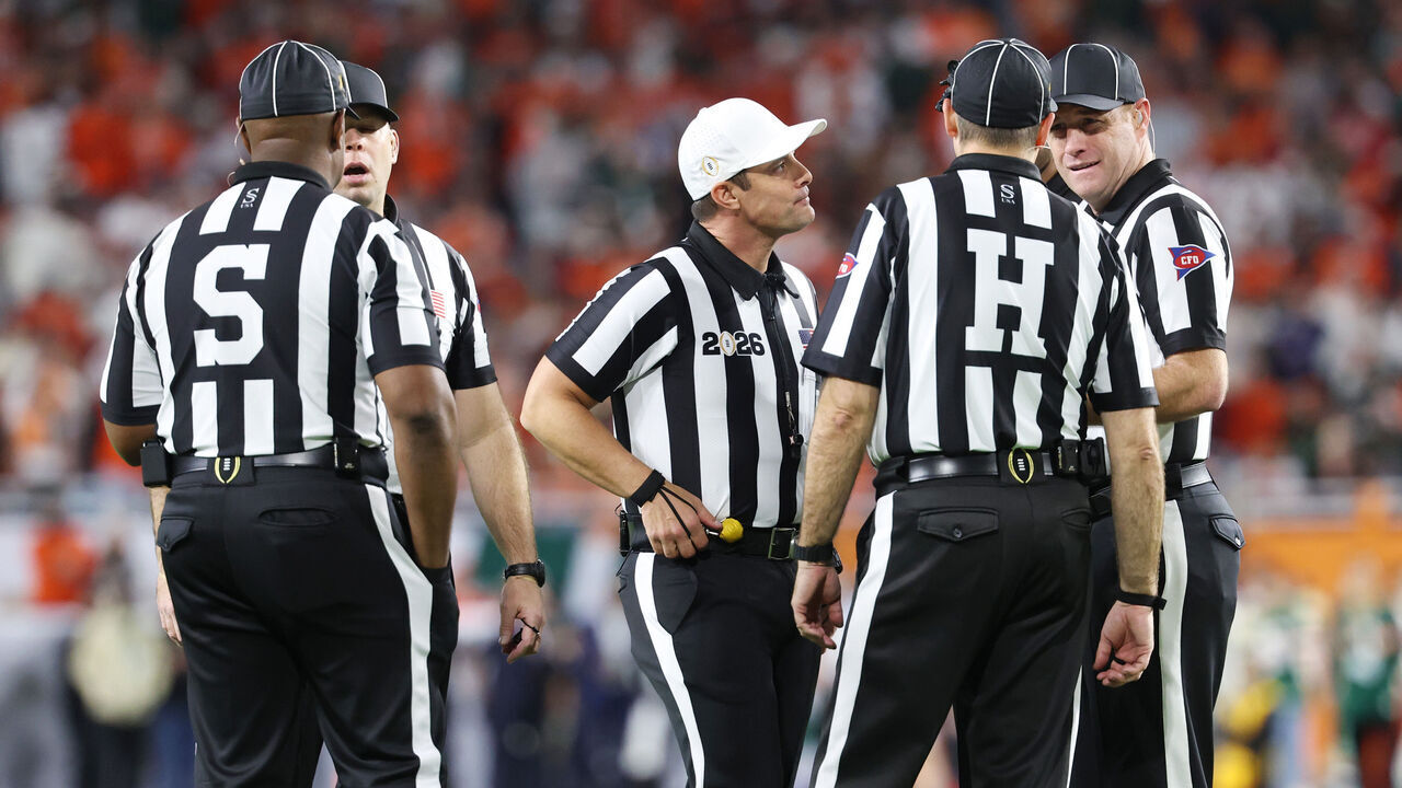 MIAMI GARDENS, FLORIDA - JANUARY 19: Referees during the College Football Playoff National Championship between the Indiana Hoosiers and the Miami Hurricanes between the Indiana Hoosiers and the Miami Hurricanes at Hard Rock Stadium on January 19, 2026 in Miami Gardens, Florida.