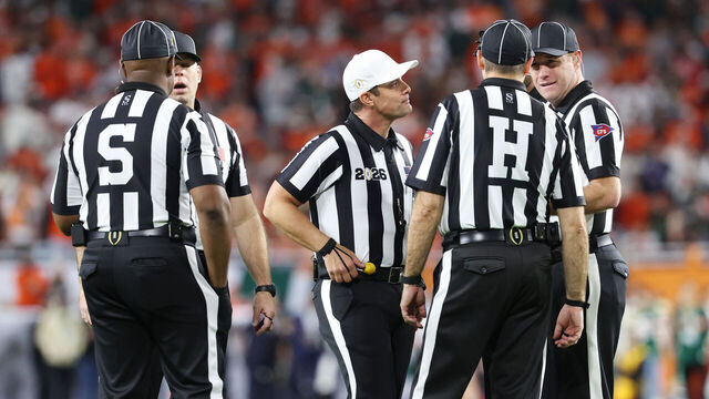 MIAMI GARDENS, FLORIDA - JANUARY 19: Referees during the College Football Playoff National Championship between the Indiana Hoosiers and the Miami Hurricanes between the Indiana Hoosiers and the Miami Hurricanes at Hard Rock Stadium on January 19, 2026 in Miami Gardens, Florida.