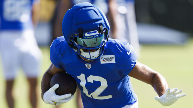 LOS ANGELES, CALIFORNIA - AUGUST 1: Puka Nacua #12 of the Los Angeles Rams runs after the catch during training camp at Loyola Marymount University on August 1, 2026 in Los Angeles, California.