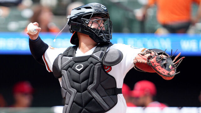 BALTIMORE, MARYLAND - AUGUST 06: Yohel Pozo #79 of the Baltimore Orioles looks to throw to second base during a baseball game against the Los Angeles Angels at Oriole Park at Camden Yards on August 6, 2026 in Baltimore, Maryland.