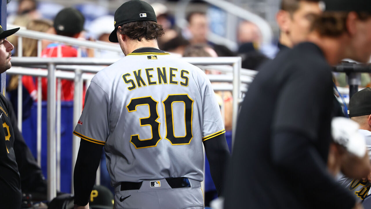 MIAMI, FL - AUGUST 11: Pittsburgh Pirates pitcher Paul Skenes (30) walks through the dugout in the third inning during the game between the Pittsburgh Pirates and the Miami Marlins on Tuesday, August 11, 2206 at LoanDepot Park in Miami, FL.