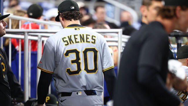 MIAMI, FL - AUGUST 11: Pittsburgh Pirates pitcher Paul Skenes (30) walks through the dugout in the third inning during the game between the Pittsburgh Pirates and the Miami Marlins on Tuesday, August 11, 2206 at LoanDepot Park in Miami, FL.